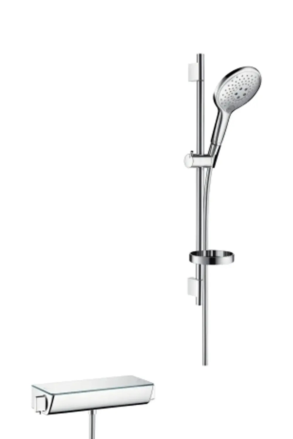 Hansgrohe Duschsystem mit Handbrause, Brausestange und thermostatischer Steuerung, montiert an der Wand. Chromoberfläche.